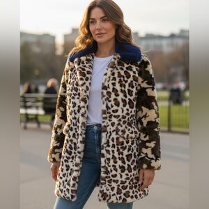 Settledown Faux Fur Leopard Print Jacket Furry Blue Collar Camo Sleeves Size M